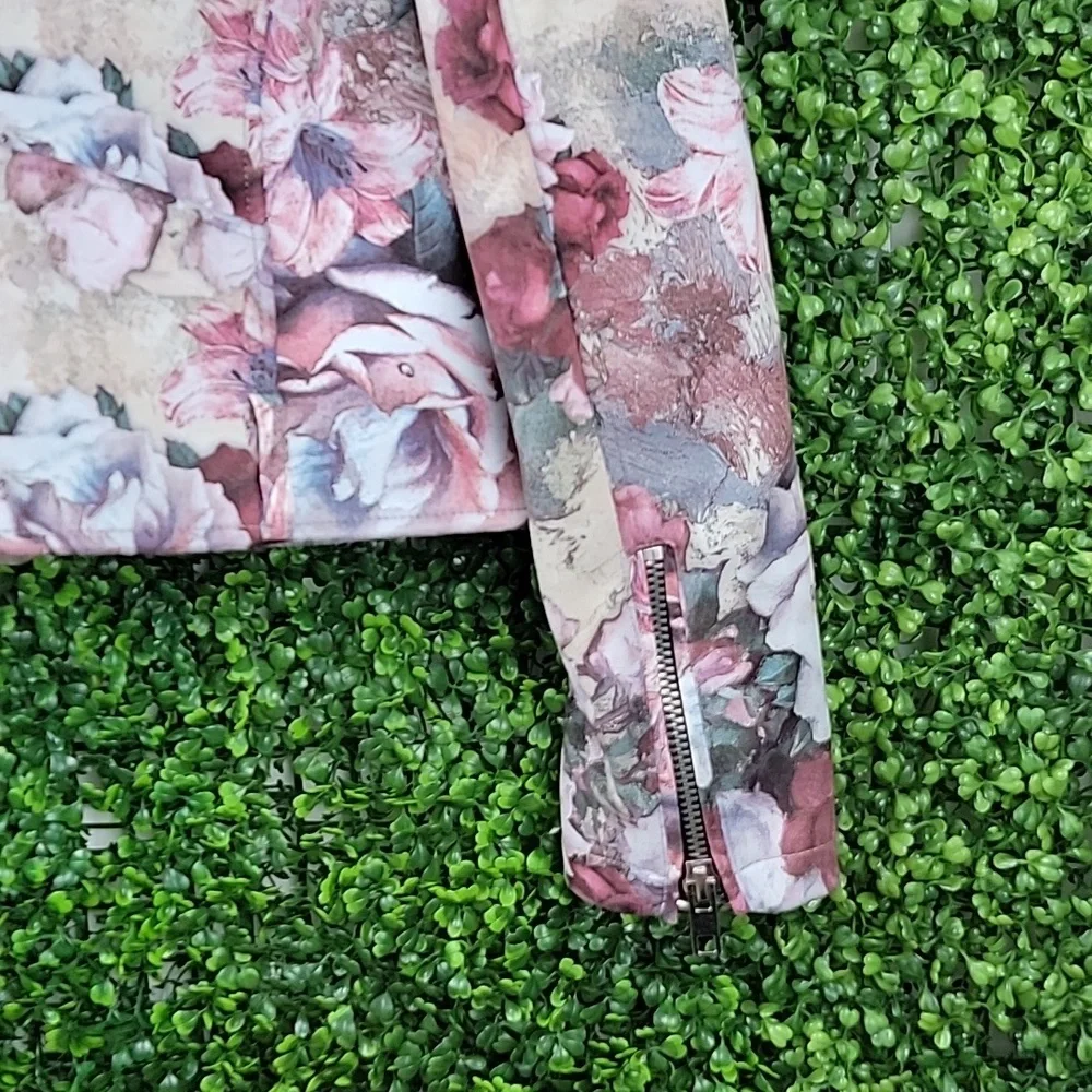 ZARA Basic Outerwear Floral Faux Suede Zippered Moto Jacket Cream/ Pink SZ Small - Picture 9 of 15